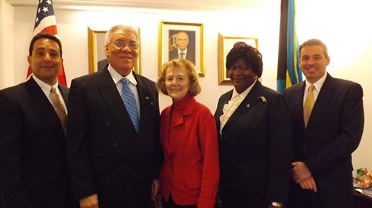 Photo: NEW YORK – Plans to invest in The Bahamas were discussed during a courtesy call on the Hon. Forrester J. Carroll, Bahamas Consul General to New York, on Wednesday, February 12, 2014, by Mr. Eric Engler, an Attorney-At-Law; Mrs. Roma Stibravy, President of NGO Sustainability, Inc.;  and Mrs. David Sklar, SKLAR Design Ecotecture. This is in keeping with the Consul General’s mandate of promoting investments in The Bahamas. Pictured from left to right are: Mr.  Engler; Consul General Carroll; Mrs. Stibravy; Mrs. Sandra N. McLaughlin, Consul;  and Mr. Sklar.