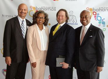 Dozens of New York's top travel writers joined the Ministry of Tourism at the launch of the 16 Weddings, 16 Islands, One Priceless Day Invitation. Pictured, from left, are Tourism Deputy Director General Ellison 'Tommy' Thompson, Director of Romance Freda Malcolm, Elite Traveler Editor-in-Chief Doug Gollan and Minister of Tourism Obie Wilchcombe.
