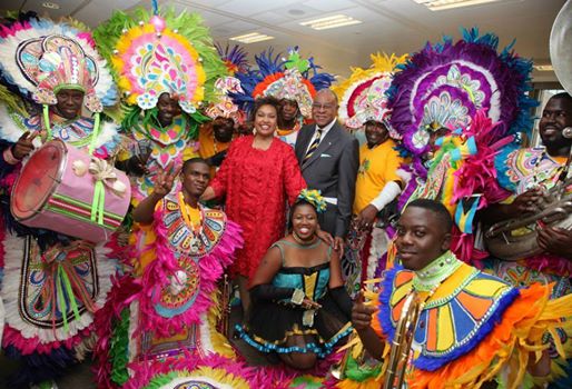 Photo: His Excellency High Commissioner for London, Eldred Bethel and Mrs Bethel with The Commandos Junkanoo Group at The Bahamas Independence Reception..