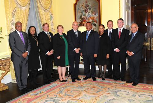 Photo: Your Government in Action................   Prime Minister Perry Christie was in London Nov. 12, 2013 where he met with the principals of Hutchinson Whampoa to discuss future investment prospects in Grand Bahama, before heading to Sri Lanka for the Commonwealth Heads of Government Meeting (CHOGM). He is pictured at the Ritz, before dinner. From left: Ed Bethel High Commissioner Ed Bethel, Dawn Bethel, Minister Ryan Pinder, Mrs. Allyson Cheng, Clemence Cheng, Prime Minister Christie, Mrs. Bernadette Christie, Paul Wallace, Simon Mullett and Sir Baltron Bethel.