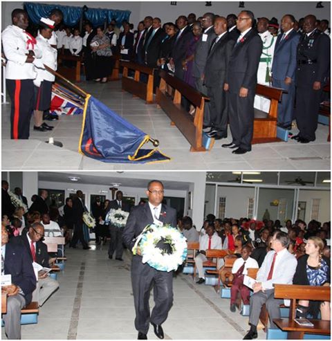 Photo: The Minister for Grand Bahama Dr. Michael Darville and Minister for Tourism Obie Wilchcome with Senators Julian Russell and Tanisha Tynes and MP Greg Moss, MP Neko Grant and MP Peter Turnquest, attend Remembrance Day Service at Mary Star of the Sea Church, November 10, 2013.   Minister Darville laid a wreath for the government.