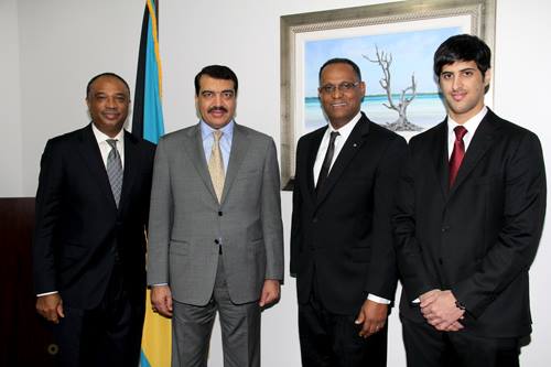 Photo: Minister for Grand Bahama Dr. Michael Darville officially welcomed Mohamed Bin Abdulla Al-Rumaihi, Ambassador of Qatar as Special Envoy to The Bahamas, Nov. 21, 2013.  Ambassador Al-Rumaihi paid a courtesy call on Dr. Darville at his office in the Harold DeGregory Complex.In welcoming the Special Envoy, Dr. Darville pointed out that his visit comes on the heels of a signing ceremony in August, where The Bahamas formally established diplomatic relations with Qatar at its Embassy in Washington, D.C..  Dr. Darville said it was his understanding that diplomatic relations between The Bahamas and Qatar, a sovereign Arab state, had been sought since 2003 and the agreement was finalised by Minister of Foreign Affairs and Immigration Fred Mitchell, during a visit to Qatar earlier this year.  “The ambassador’s visit today signifies Qatar’s seriousness about and commitment to working with the Government of The Bahamas, and with Grand Bahama Island, in particular.  “As the minister for Grand Bahama, I am happy that His Excellency’s fact finding mission has led him to our shores, as Grand Bahama Island has so much to offer in terms of tourism, trade, cultural exchanges and investment opportunities,” he said.  Dr. Darville told the distinguished visitor that during his stay he will be shown how Grand Bahama Island has established a first class reputation as a major maritime and transshipment centre.  “In touring our industrial zone, you will see that our maritime industry encompasses a wide range of sectors including ship registry, ship and mega yacht repair, oil transshipment and storage and international cargo transshipment,” he stated.  Dr. Darville also informed that Freeport boasts one of the deepest man made harbours in the region, a world class international airport capable of handling the largest aircraft in service, and an international business and logistics park for value added and cargo handling activities.  “Additionally, plans are now on the drawing board to further strengthen our island’s position as a leading maritime centre with the construction of a state of the art arbitration centre.  “We believe that Grand Bahama Island has a lot of potential to develop its natural resources and is poised to become a global shipping and business centre in preparation for the opening of the expanded Panama Canal in early 2015,” he said.  Dr. Darville said that as a result of the establishment of bilateral diplomatic ties between the two countries, a mutually beneficial relationship can be fostered that will allow the equal exchange of information, create valuable opportunities for trade expansion, transference of technical expertise and knowledge in tourism, maritime and industrial, energy and financial services sectors.  Ambassador Al-Rumaihi expressed gratitude to Dr. Darville and the government for the invitation to visit The Bahamas. He said his country has established the relationship to extend friendship to the people of The Bahamas.He said although Qatar is a major exporter of oil and gas, that is not the main objective for the government or the Qatari people.   'His Highness, the Emir of Qatar, has a vision 2033 and we are going to host, in mid-term, 2022 World Cup.'He said Qatar has established the basic pillars of education and culture as its objectives and that health care and industry will establish that in future the country will never rely only on exportation of the oil and gas.  “So these are the targets and Qatar reaches out to friendly countries and friendly people to invest and to develop our brothers in the humanity to reach their target, whatever their aims to develop their people, and this is one of the visits that have the honour to represent my country here, to visit your beautiful country, and your nice people to measure what is the opportunities that Qatar can extend to the people and the country of The Bahamas.  Ambassador Al-Rumaihi will be in Grand Bahama until Saturday. He will meet with executives of the Grand Bahama Chamber of Commerce, Grand Bahama Port Authority, and will tour BORCO, Freeport Container Port, the Ginn Project and West End, and the Deep Water Cay Club in east Grand Bahama